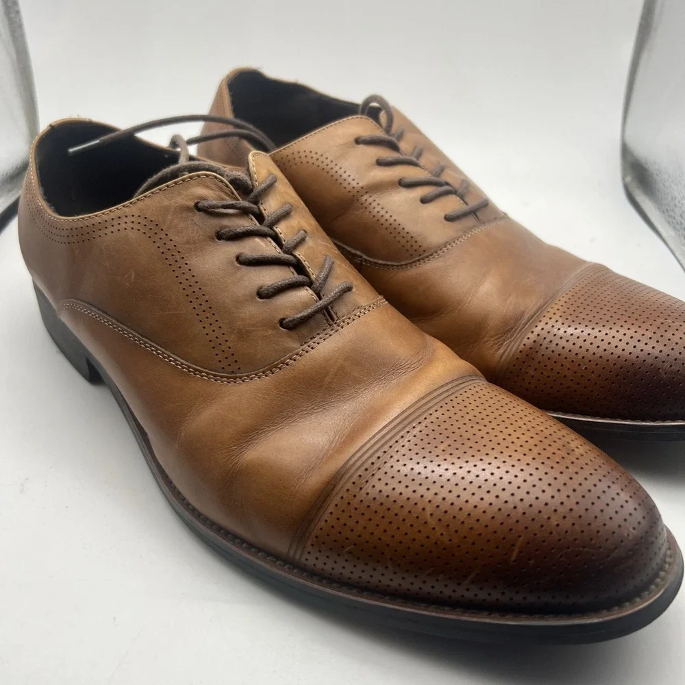 Kenneth Cole Reaction Brown Leather Oxford Cap-Toe Dress Shoes – Size 10.5 M‎